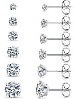 Women's 6 Pairs Silver 3-8mm Hypoallergenic Stainless Steel Stud Earrings Set